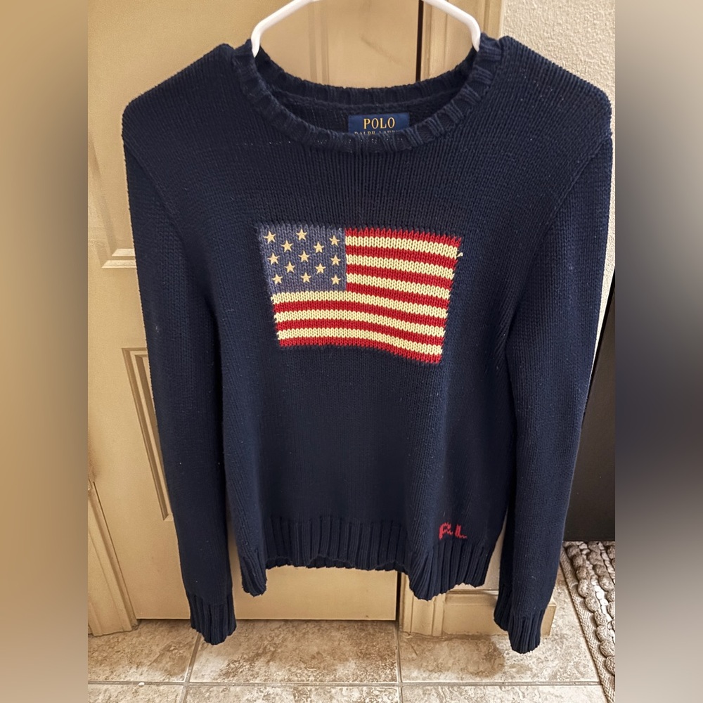 Polo Ralph Lauren Flag Sweater Boys Large 14-16 Red White Blue Long Sleeve Logo